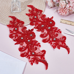 布 刺繍糸 アイロン/縫い付けワッペン  布のアップリケ  花  レッド  380x120x6mm&nbsp;PATC-WH0023-22