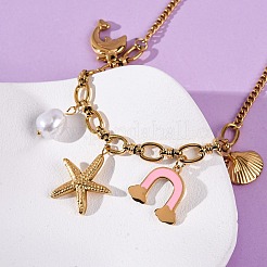 304 Stainless Steel Starfish Dolphin Shell Pink Enamel Rainbow Pendant Necklaces for Women&nbsp;NJEW-F346-01G