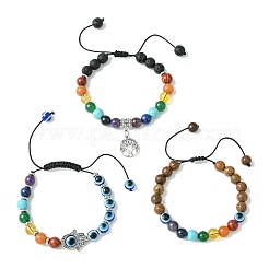3Pcs 3 Styles Chakra Gemstone & Wood Evil Eye Braided Beaded Bracelet Sets&nbsp;BJEW-JB10905