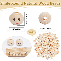 プリント木製ビーズ240個  笑顔の模様で丸い  染色されていない  ベージュ  12x11mm  穴：2.9mm&nbsp;WOOD-GF0002-05