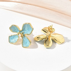 女性のための真鍮エナメル スタッド イヤリング  花  ABSプラスチックイミテーションパール付き  長持ちメッキ  ラックめっき  鉛フリー＆カドミウムフリー  ゴールドカラー  空色  20x18mm&nbsp;KK-CBA760A-11G-04