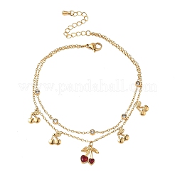304 Stainless Steel Pave Clear Cubic Zirconia Enamel Charm 2-Strand Anklets for Women&nbsp;AJEW-K054-01A-G