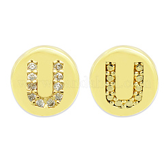 真鍮マイクロペーブクリアキュービックジルコニアビーズ  アルファベット付きフラットラウンド  文字.u  7.5x6.5mm  穴：3.5mm  3個/袋&nbsp;KK-T030-LA843-UX3