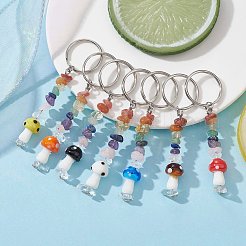 Chakra Natural Gemstone Chips Keychains with Lampwork Mushroom Charm&nbsp;KEYC-JKC00547