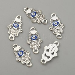 亜鉛合金エナメル リンク コネクター  クリスタルラインストーン付き  ハムサの手/ナザールボンジュウのあるミリアムの手  銀  22x12x2mm  穴：1.6mm&nbsp;FIND-TAC0011-49S