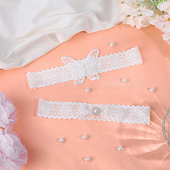 蝶のポリエステルガーターレッグリングセット1セット  結婚式のブライダルガーター  模造パールと  ホワイト  210x60x5mm  2個/セット&nbsp;DIY-OC0013-43A