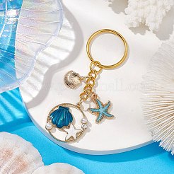 合金エナメルペンダントキーチャン  鉄のリング付き  ゴールドカラー  シェル＆ヒトデ  スチールブルー  7.8cm&nbsp;KEYC-JKC00800-02