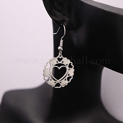 女性用304ステンレススチールダングルイヤリング  ハート付きフラットラウンド  ステンレス鋼色  40x20mm&nbsp;WGBEF1B-01