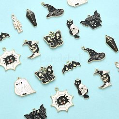 20個10スタイルアロイエナメルペンダント  頭蓋骨と骸骨のあるコウモリと猫の本  ハロウィン用  ライトゴールド  ブラック  20.5~27x10~27x1~3.5mm  穴：1.2~2mm  2個/スタイル&nbsp;ENAM-CJ0004-33
