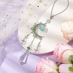 合金製月窓吊りプリズム装飾品  天然石英ビーズとガラスコーンスターサンキャッチャー、家庭、庭、オフィスの装飾用  薄緑  225mm&nbsp;HJEW-TA00284-02