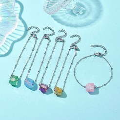 電気メッキキューブ天然石英ビーズリンクブレスレット  304ステンレススチールサテライトチェーンブレスレット女性用  ミックスカラー  7-1/8インチ（18cm）&nbsp;BJEW-JB10327