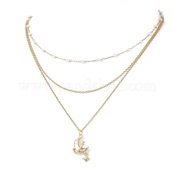 Brass Pave Clear Cubic Zirconia Pendant 304 Stainless Steel & Imitaiton Pearl Link Chain 3 Layer Necklaces for Women&nbsp;NJEW-JN05472-02
