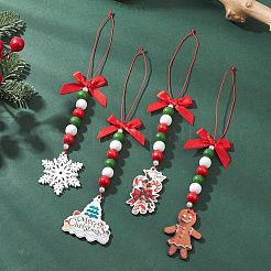 クリスマス木製ペンダントデコレーション4個  アクリル模造パールビーズとポリエステルの蝶結び付き  混合図形  ミックスカラー  195~240mm&nbsp;HJEW-JM04477