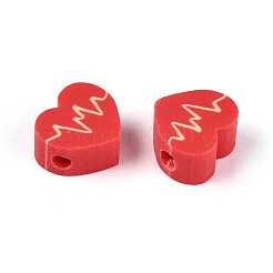 バレンタインデーの手作りポリマークレイビーズ  ハート  レッド  7.5~9.5x8.5~10.5x3.5~5mm  穴：1.8~2mm&nbsp;CLAY-T023-15