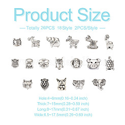 36個18スタイルチベットスタイルアロイヨーロピアンビーズ  大穴ビーズ  蜂と蝶と犬  アンティークシルバー  8~17x6.5~17.5x7~15mm  穴：4~6mm  2個/スタイル&nbsp;FIND-KS0001-21