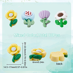 80 個の不透明な樹脂カボション  花  ミックスカラー  20~23.5x14.5~17x6mm&nbsp;CRES-SC0002-48