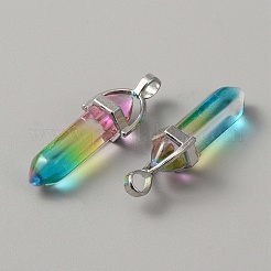 ガラス二重端子尖ったペンダント  弾丸チャーム  白金合金パーツ  カラフル  40x13.5x10mm  穴：4x5mm&nbsp;G-WH0016-40G
