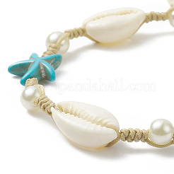 Synthetic Turquoise(Dyed) Starfish & Natural Shell & Glass Pearl Braided Bead Bracelet&nbsp;BJEW-TA00218