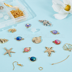 DIYの海をテーマにしたダングルイヤリング作成キット  ヒトデ＆ホタテ＆アウトパス合金ペンダント＆リンクコネクター  合成ムーンストーンビーズ  真鍮のピアスフック  ミックスカラー  92個/箱&nbsp;DIY-SC0018-97
