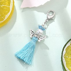 エンジェルガラスパール＆ミユキシードビーズ＆ポリコットンタッセルペンダントデコレーション  バックパックの装飾用  空色  65~74mm&nbsp;HJEW-MZ00198-03