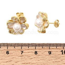 真鍮エナメルスタッドピアス  花  absプラスチックパール  カドミウムフリー＆鉛フリー  ラックめっき  長持ちメッキ  ゴールドカラー  17x16.5mm&nbsp;KK-CBAB173-02B-G