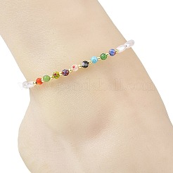 Round Handmade Millefiori Glass and Rice Imitation Pearl Acrylic Beaded Anklets for Women&nbsp;AJEW-AN00859