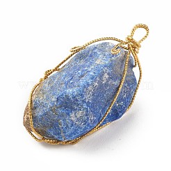 ラフ原石の天然宝石ペンダント  金色の真鍮製ワイヤーを巻いたもの  ナゲット  36~44x22~32x13~23mm  穴：4.5~5x2~3mm&nbsp;PALLOY-JF01451