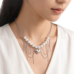 Imitation Pearl Round Beaded Alloy Heart Chain Tassel Bib Necklaces for Women&nbsp;WG3C231-01