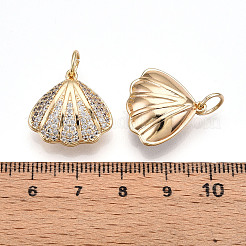 真鍮製マイクロパヴェキュービックジルコニアペンダント  シェル形状  丸カン付き  透明  18x19x3.5~4mm  穴：5mm  ピン：1mm&nbsp;X-ZIRC-T016-13