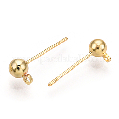真鍮製スタッドピアスパーツ  カン付き  ニッケルフリー  18KGP本金メッキ  15mm  穴：1.2mm  ボール：直径4mm  ピン：0.7mm&nbsp;X-KK-I649-10G-NF