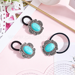 合金と樹脂の模造合成ターコイズヘアタイ3個  女性のためのヘアアクセサリー  花  40x39.5mm  内径：24mm&nbsp;OHAR-CY0001-10A
