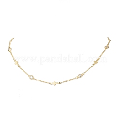 Brass Pave Clear Cubic Zirconia Flat Round Cross Link Chain Necklaces with 304 Stainless Steel End Chains&nbsp;NJEW-JN05335