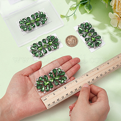 4個の花の合金とガラスのラインストーンアップリケ  ホットラインストーン  プラチナ  グリーン  65x38x5.5mm&nbsp;DIY-MA0007-20A