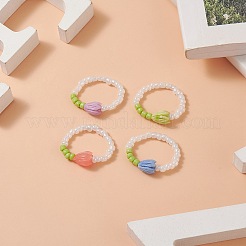 Flower Bud Synthetic Coral & Glass Seed Beaded Stretch Ring for Women&nbsp;RJEW-JR00557