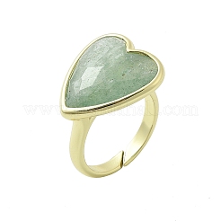 Heart Brass Natural Green Strawberry Quartz  Finger Rings&nbsp;X-RJEW-D304-01G-C