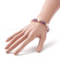 Natural Amethyst & Pearl Round Beaded Stretch Bracelet for Women&nbsp;BJEW-JB09246-01