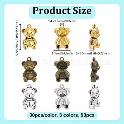 チバタンスタイルの合金ペンダント90個、3色  クマのチャーム  ミックスカラー  17~17.5x11x5~5.5mm  穴：1.4~1.5mm  30個/カラー&nbsp;FIND-GA0008-55