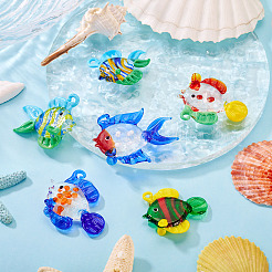6個6スタイル手作りランプワークペンダント  魚のチャーム  ミックスカラー  34~42x35~51x11~21mm  穴：2~5mm  1個/スタイル&nbsp;LAMP-TA0002-46