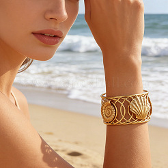 Ocean 304 Stainless Steel Hollow Starfish Shell Shape Open Cuff Bangles for Women&nbsp;WGCF8EC-01