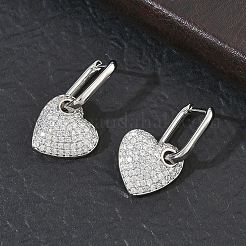 真鍮製マイクロパヴェキュービックジルコニアフープピアス（女性用）  ハート  ラックめっき  長持ちメッキ  鉛フリー＆カドミウムフリー  プラチナ  29x17mm&nbsp;EJEW-A167-14P