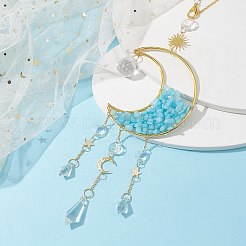Wire Wrapped Natural White Jade Chip & Brass Moon Pendant Decorations&nbsp;HJEW-JM01504-03