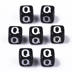 不透明なアクリルビーズ  水平穴  アルファベットスタイル  キューブ  ブラック＆ホワイト  文字.q  5x5x5mm  穴：2mm  約180個/18g&nbsp;X-SACR-N002-01Q