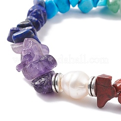 Mixed Gemstone Chips Beaded Stretch Bracelet with Natural Pearl&nbsp;BJEW-JB08166-01