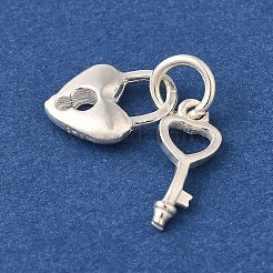 スターリングシルバーのキーとハートのロックチャーム925個、スタンプと丸カン925個付き  銀  ロック：11x8x2.5mm  キー：12.5x5.5x2ミリ  穴：4mm&nbsp;FIND-U013-04S
