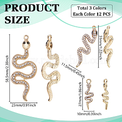 12個3色亜鉛合金ペンダント  ヘビ  ラインストーン付き  ゴールドカラー  27~58.5x10~23mm  4個/カラー&nbsp;FIND-GA0007-41