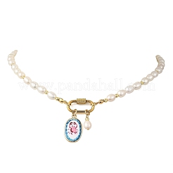 Printed Brass Oval Pendant Natural Cultured Freshwater Pearl Beaded Necklaces for Women&nbsp;NJEW-JN06384