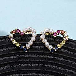 真鍮マイクロパヴェキュービックジルコニアハートスタッドピアス  ABSの模造パールと  18KGP本金メッキ  13.5x15mm&nbsp;EJEW-K267-32G