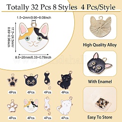 32個8スタイルアロイエナメルペンダント  カドミウムフリー＆鉛フリー  猫の形/足跡のチャーム  ライトゴールド  ブラック  17.5~24.5x8.5~20x1~2.5mm  穴：1.5~2mm  4個/スタイル&nbsp;ENAM-TA0004-17