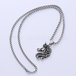 Vintage Punk Style 304 Stainless Steel Unicorn Head Pendant Necklaces for Unisex&nbsp;RN4370