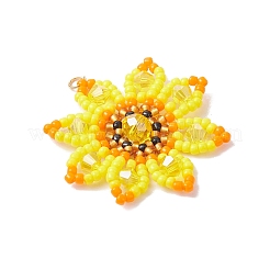 ガラスシードビーズのひまわりペンダント  304ステンレススチールのジャンプリングとアクリル＆ガラスビーズ付き  18KGP本金メッキ  きいろ  36x35x6mm  穴：3mm&nbsp;PALLOY-MZ00855